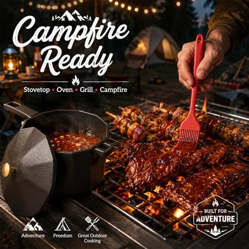 Cast Iron Sauce Pan with Lid, Small Cast Iron Basting Pot with Silicone Basting Brush, Spatula & Heat-Resistant Gloves, Mini Butter Melting Pot for BBQ Sauce, Braising, Stir-Fry & Casserole - Image 3