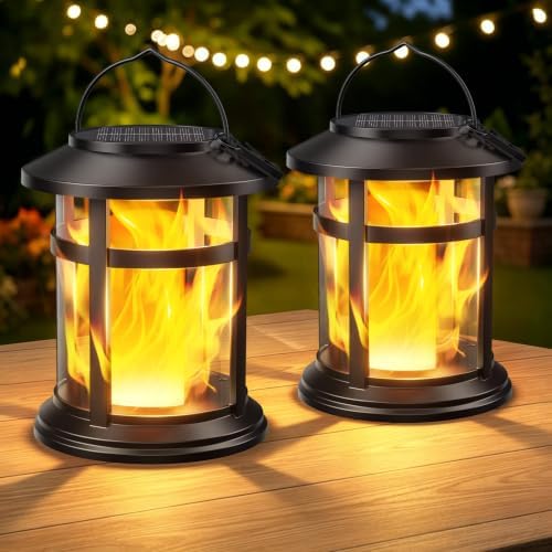 Solar Lanterns Outdoor Waterproof, 2 Pack Upgraded Flickering Flame Hanging Solar Lights for Outside Decorative, Solar Powered Lanterns Lighting for Garden Patio Table Porch Decor Gifts by BONLION