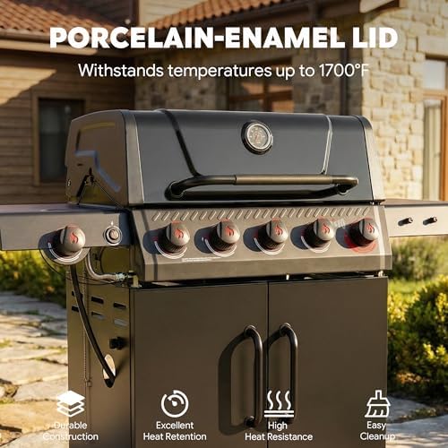 Feasto 5 Burner Propane Gas Grill with Side Burner and Sear Burner, Black - Image 5