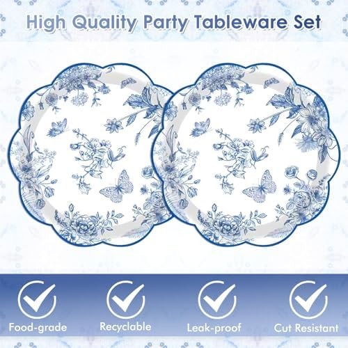 50 Pcs Blue Floral Plates and Napkins, Blue Floral Party Supplies - Image 3