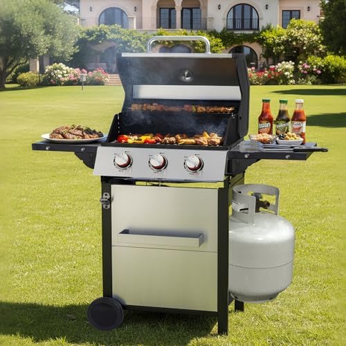 Propane Gas BBQ Grill, Upgraded 30,000 BTU Stainless Steel Barbecue Grill with Foldable Side Tables, Spice Rack & Wheels for Outdoor Cooking (3 Burner grill) - Image 5