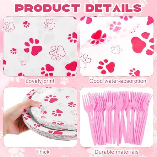 Kochorie 144 Pieces Pink Paw Print Party Tableware Sets Including Disposable Plates Napkins Cups Forks Serves 24 for Dog Puppy Theme Party Supplies - Image 3