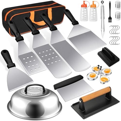 Terlulu Griddle Accessories Kit, 28 PCS Flat Top Grill Accessories for Blackstone and Camp Chef, Metal Spatula Set with Burger Press, Melting Dome, Tongs, Scraper, Carry Bag for Outdoor Grilling BBQ by Terlulu