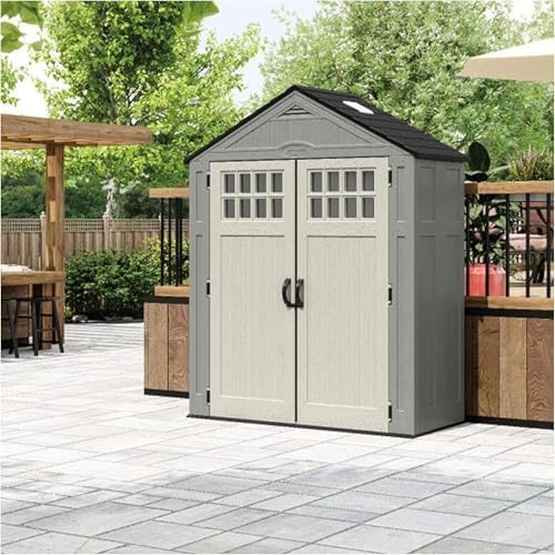 Suncast Everett 6x3 ft Vertical Storage Shed - Resin Outdoor Garden Shed with Floor, Windows, Skylight & Lockable Double Doors. Slim Yard Storage for Utility Tools & Backyard Equipment - Image 2