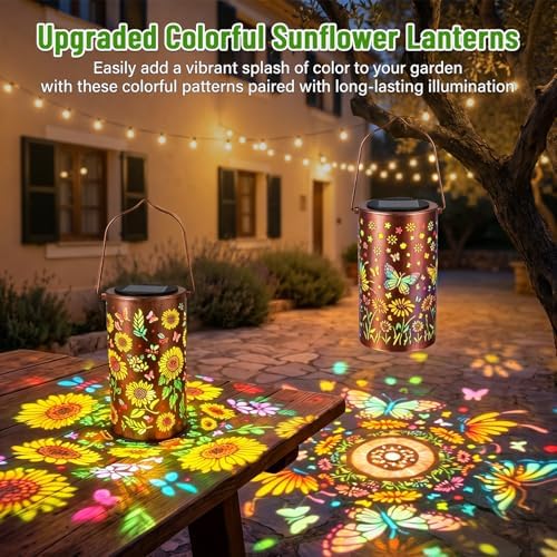 2Pack Colorful Solar Lanterns Outdoor Waterproof, Garden Decor Gifts for Women Mom Grandma - LED Sunflower and Butterfly Solar Powered Lights Metal Hanging Lantern for Outside Garden Patio Yard Porch - Image 3