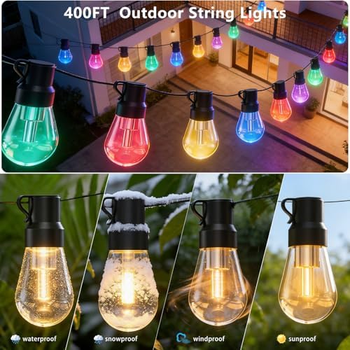 LETIANPAI 400FT RGB+IC Outdoor String Lights, IP67 Waterproof LED Color Changing Clear Bulb String Lights with App & Remote Control, Shatterproof Hanging Patio Lights for Backyard Garden Party - Image 2