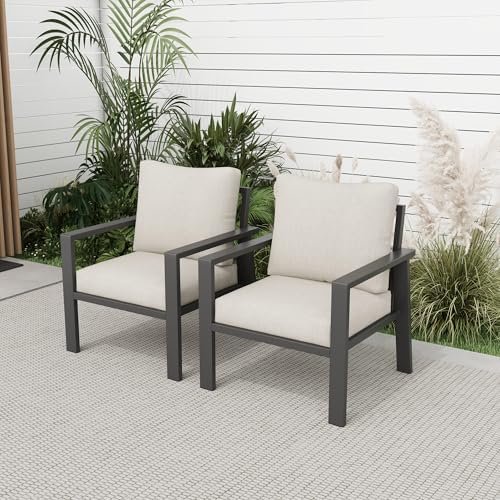 Outdoor Sofa Chair Aluminum Patio Couch Set of 2 All-Weather Patio Sofa Armchair Furniture Set Chairs with Beige Cushions - Image 6