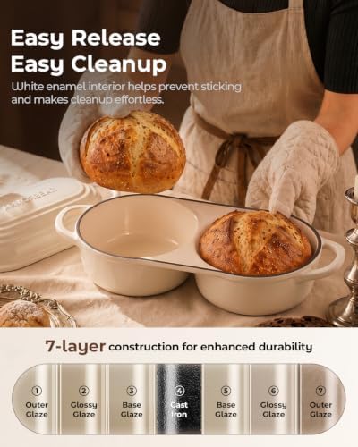 Mini Double Dutch Oven for Sourdough, Enameled Cast Iron Bread Pan, White - Image 6