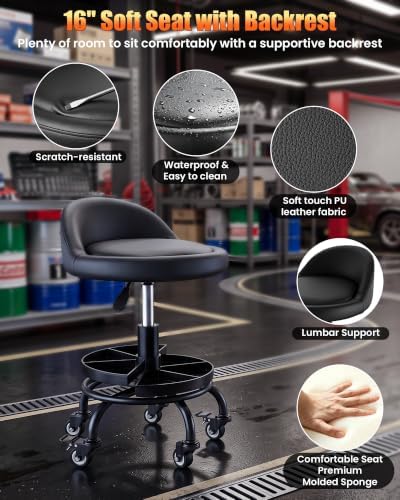 Rolling Shop Stool with Wheels, Garage Mechanic Stool Chair - Image 3