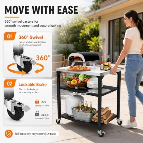 Hisencn 3-Tier Pizza Oven Table, Stainless Steel Outdoor Grill Prep Cart - Image 6