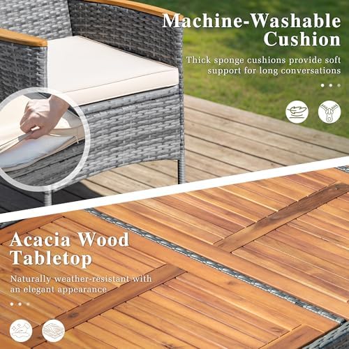 Devoko 9 PCS Acacia Wood Patio Dining Set, Gray Rattan - Image 3