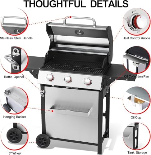 3 Burner Propane Gas Grill, Stainless Steel Cabinet with Side Table & Full-Size Grease Tray, BBQ Grills with Thermometer for Outdoor Cooking, Patio, BBQ - Image 4