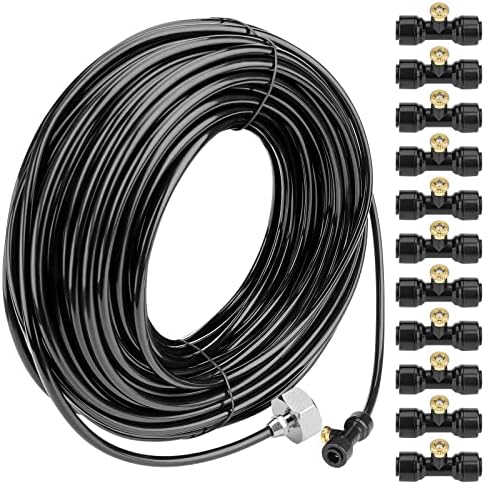 Misting Cooling System 98.4FT (30M) Misting Line + 50 Brass Mist Nozzles + 50 T-Connectors + 1 Faucet Adapters (3/4") Outdoor Mister for Patio Garden Greenhouse Trampoline for Waterpark by Aepeye