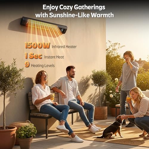 Wall-Mounted Electric Patio Heater, 34" 1500W Infrared Heater With Motion Sensor, IPX5 Waterproof, 9 Heat Level & 9H Timer, Indoor & Outdoor Heaters for Patio, Backyard, Garage, and Decks - Image 2