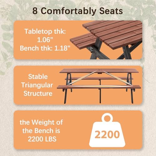 Brown 75" Rectangular Wooden Picnic Table for Outdoors - Image 3