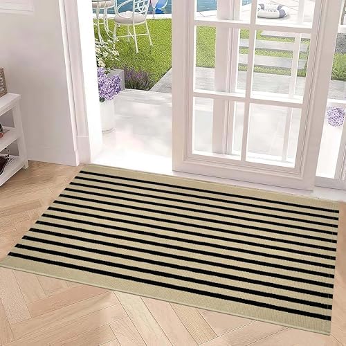 Black and Tan Striped Outdoor Rug 2'x4',Washable Front Porch Door Mat - Image 5