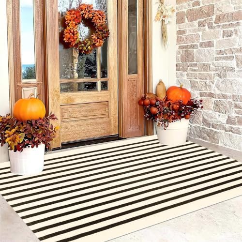 Outdoor Rug 3'x 5',Black and Beige Striped Front Porch Rug Entrance Decor by BUAGETUP