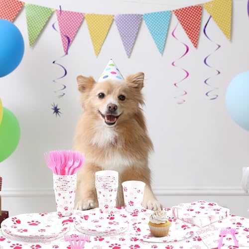 Kochorie 121 Pieces Pink Dog Paw Print Party Supplies Tableware Set - Image 5