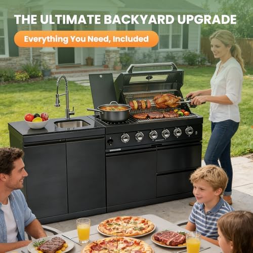 79" Rolling Outdoor Kitchen Island with Built-In 4-Burner 72,000 BTU Stainless Steel Propane Grill & Rotisserie Oven, Featuring Granite Countertops and Stainless Steel Sink.(Black + Sink, Propane Gas) - Image 4