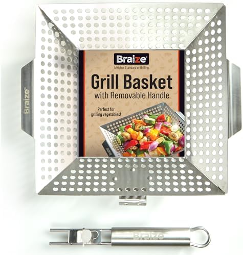 Heavy-Duty Stainless Steel Grill Basket – 12" x 13.75" Large BBQ Basket with Removable Handle – Durable Grilling Basket for Vegetables & Meat – Outdoor Cooking Accessory for Gas & Charcoal Grills by Braize