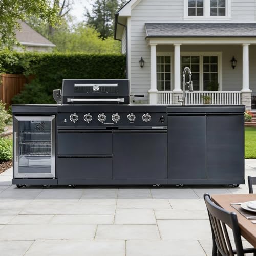 98" Rolling Outdoor Kitchen Island with Built-In 4 Burner 72,000 BTU Stainless Steel Gas Grill Featuring Rotisserie Oven,Granite Countertops,Beverage Fridge,Sink. (Black + Fridge + Sink, Natural Gas) by INOTEVERITORY