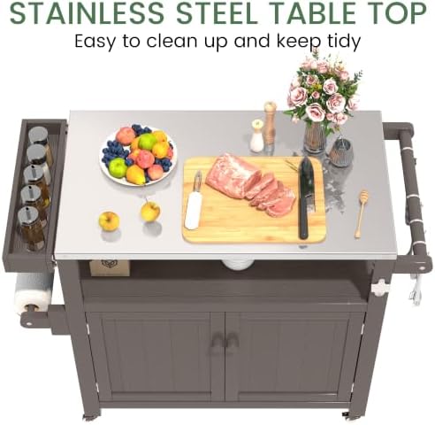 Weatherproof HIPS Outdoor Kitchen Island with Stainless Steel Top & Storage Cabinet, Movable Prep Table with Wheels for BBQ Food Prep, Outdoor Grill Cart for Parties, Cocoa Brown - Image 5