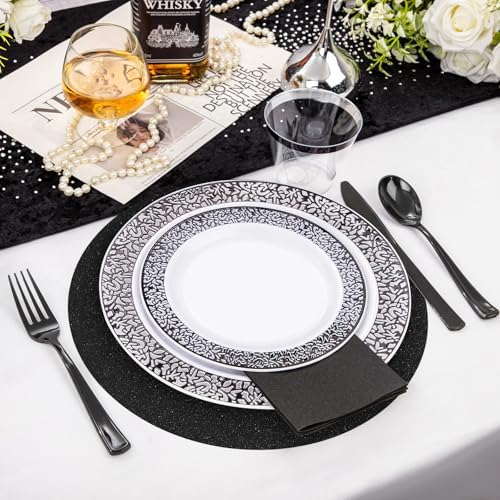 50 PCS Black Paper Placemats Round Place Mat Glitter Disposable Paper Chargers Party Tablemats for Halloween Birthday Wedding Bachelorette Party Dinner Table Decor (13x13inch) - Image 5