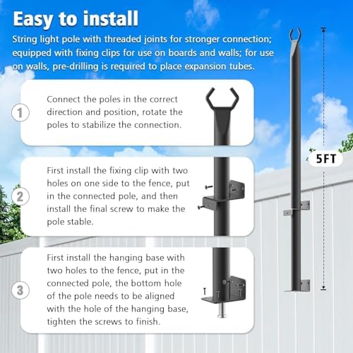 AHRLHR 6 Pack 5 Ft String Light Poles, String Light Poles for Outside with Fixing Clips,Metal Poles for Outdoor String Lights, Hanging Light Poles for Deck Fence Garden Backyard Wall Bistro - Image 7