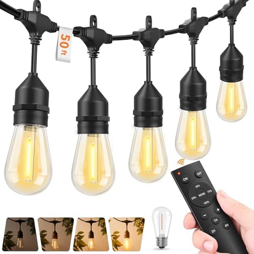 Hotsonic Remote Control Outdoor String Lights Waterproof, 50 FT LED Outside Lights with Shatterproof Bulbs, Dimmable Hanging S14 Lights 3 Modes for Patio Porch Garden pergola Yard Party House Decors by Hotsonic