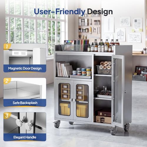 ROVSUN Stainless Steel Table with Cabinet & Wheels, 35.4" x 15.7" Commercial Kitchen Storage Cabinet for Pre Work with Glass Door, Large Storage Space for Kitchen Restaurant Garage Outdoor - Image 6