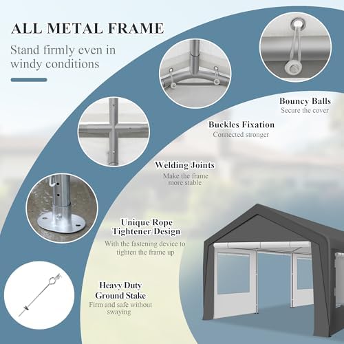 Carport 12x20 FT Heavy Duty Carport Canopy, Portable Garage with 4 Windows & Side-Opening Door, for Pickup, Boats, Car and Truck (12x20 FT Grey) - Image 4