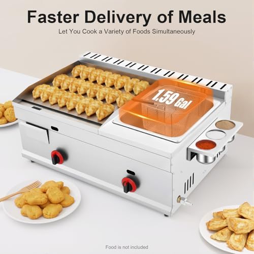 Gas Griddle, 6L/1.59Gal Stainless Steel Griddle & Deep Fryer Combo Gas Deep Fryer Gas Grill Griddle with Oil Draining Basket, Lid & 3 Spice Boxes, Commercial Griddle with Fryer for RV, Camping - Image 7