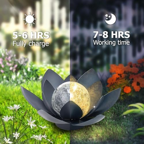 Huaxu Solar Lights Outdoor Garden Decoration Crackle Globe Glass Waterproof LED Metal Blue Lotus Flowers Gift for Mom,Women,Patio,Lawn,Walkway,Tabletop,Ground - Image 4
