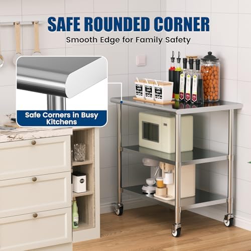 Stainless Steel Work Table with Wheels, 24x36 Inch NSF Kitchen Prep Table with 2 Adjustable Undershelves for Commercial Restaurant, Garage, Outdoor BBQ - Image 5
