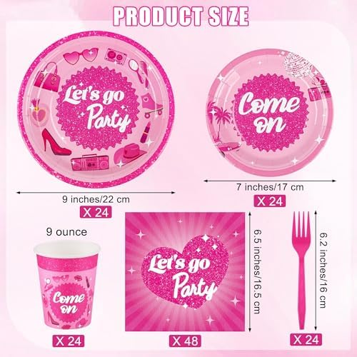 Kochorie 144 Pieces Let's Go Party Tableware Sets Including Disposable Plates Napkins Cups Forks Serves 24 for Birthday Disco Pink Girl Party Supplies - Image 2