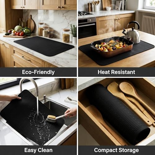 MicoYang Silicone Dish Drying Mat for Multiple Usage,Easy clean,Eco-friendly,Heat-resistant Silicone Mat for Kitchen Counter or Sink,Refrigerator or Drawer Liner Black 3XL 28 inches x 18 inches - Image 4