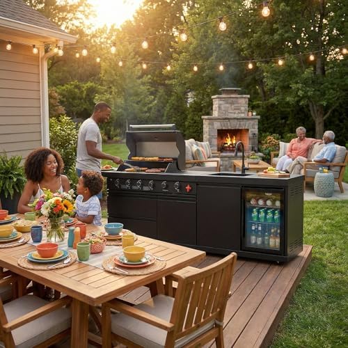 5-Burner Stainless Steel Grill with Rotisserie Oven,Mini Wine Fridge,Side Burner,Sink.Included Natural Gas converter.Black - Image 6