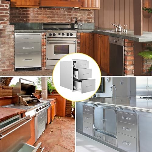 Outdoor Kitchen Drawers 14" W x 21" H x 23" D Flush Mount Triple BBQ Drawers with Chrome Handle Stainless Steel Drawer for Outdoor Kitchen Island, Patio Grill Station - Image 6