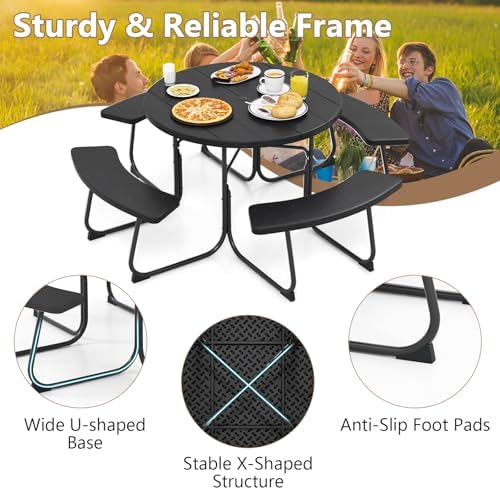COSTWAY Round Outdoor Picnic Table with Bench Set for 4-8 People (Black) - Image 7