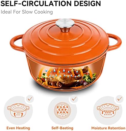 Miereirl 4.5 Quart Enameled Dutch Oven Pot with Lid, Cast Iron Dutch Oven with Dual Handles for Bread Baking, Cooking, Non-stick Enamel Coated Cookware (Orange) - Image 5