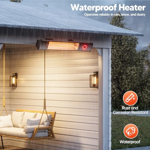 Patio Heater for Outdoor Use 1500W, 8H Timer, Waterproof, Infrared Electric Wall-Mounted Patio Heater, 8 Levels Heating for Garage Backyard Black - Image 2