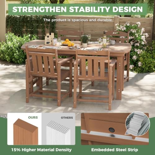 HDPE Outdoor Dining Set, Patio Table and 4 Chairs, 2" Umbrella Hole, Teak - Image 4