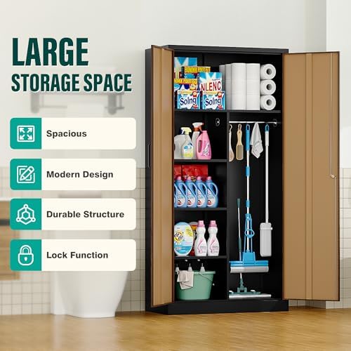 SISESOL Wide & Deep Metal Storage Cabinet with Hanging Rod,Broom Closet Storage Cabinet with Lock,72" Tall Wardrobe Cabinets with Doors and Shelves,Locking Steel Tool Cabinets for Home,Office,Garage - Image 5