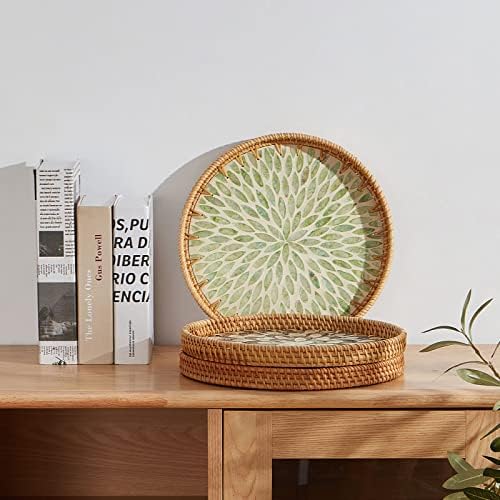 Round Rattan Tray with Mother of Pearl Inlay, Rattan Serving Tray with Wooden Base, Decorative Wicker Basket for Table Decor, Storage and Display of Coffee Bread Food Fruit (Leaf) - Image 3