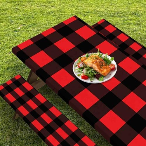 CAPSCEOLL Fitted Picnic Table Cover with Bench Covers 5ft - Black Red - Image 6