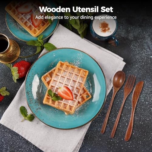 24 Pcs Wooden Utensils for Eating - Wooden Spoon Fork Knife Cutlery Set Reusable Wood Flatware Dinner Tableware Set for Daily Meals, Travel, Camping, Picnic - Image 2