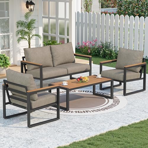 4 Pieces Metal Patio Furniture Set for Outdoor Balcony, Coffee by COMLAXFIELD