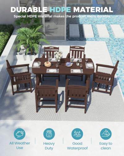 Ciokea HDPE Outdoor Dining Set of 6, Patio Table and Chairs Sets, Brown - Image 3