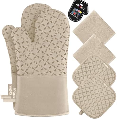 KEGOUU Oven Mitts and Pot Holders 6pcs Set, Kitchen Oven Glove High Heat Resistant 500 Degree Extra Long Oven Mitts and Potholder with Non-Slip Silicone Surface for Cooking (Almond) by KEGOUUOvenMitt