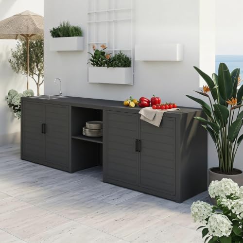 Domi Outdoor Kitchen Island with Sink, Aluminum Outdoor Kitchen Cabinet with Large Storage Space, Powder-Coated Weather Resistant Patio BBQ Prep Station with Drop-in Sink and Wide Countertop by domioutdoorliving